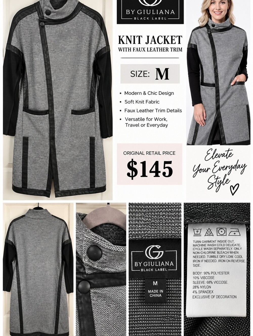 NWT G by Giuliana Gray and Black Knit Jacket with Faux Leather Trim